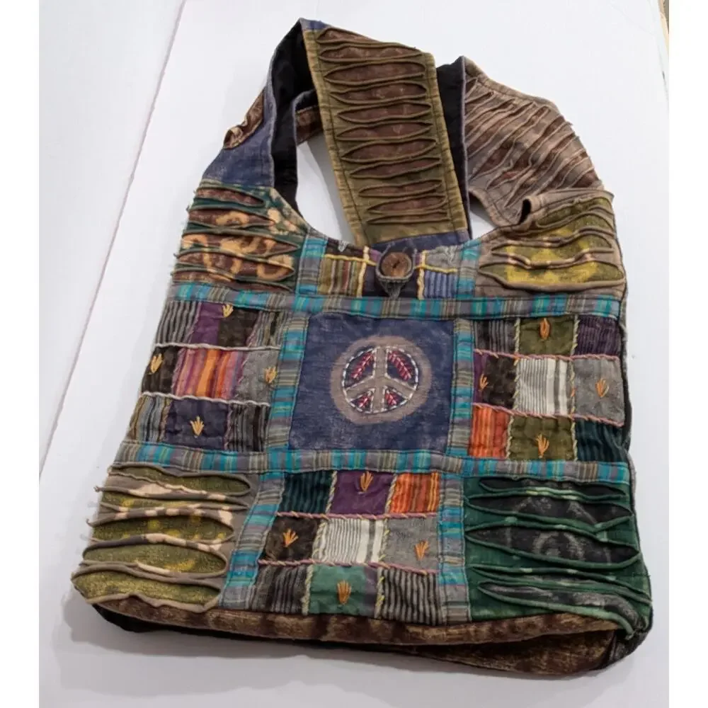 Rising International Sling Hobo Bag Boho Hippie Patchwork Peace Sign Razor Cut